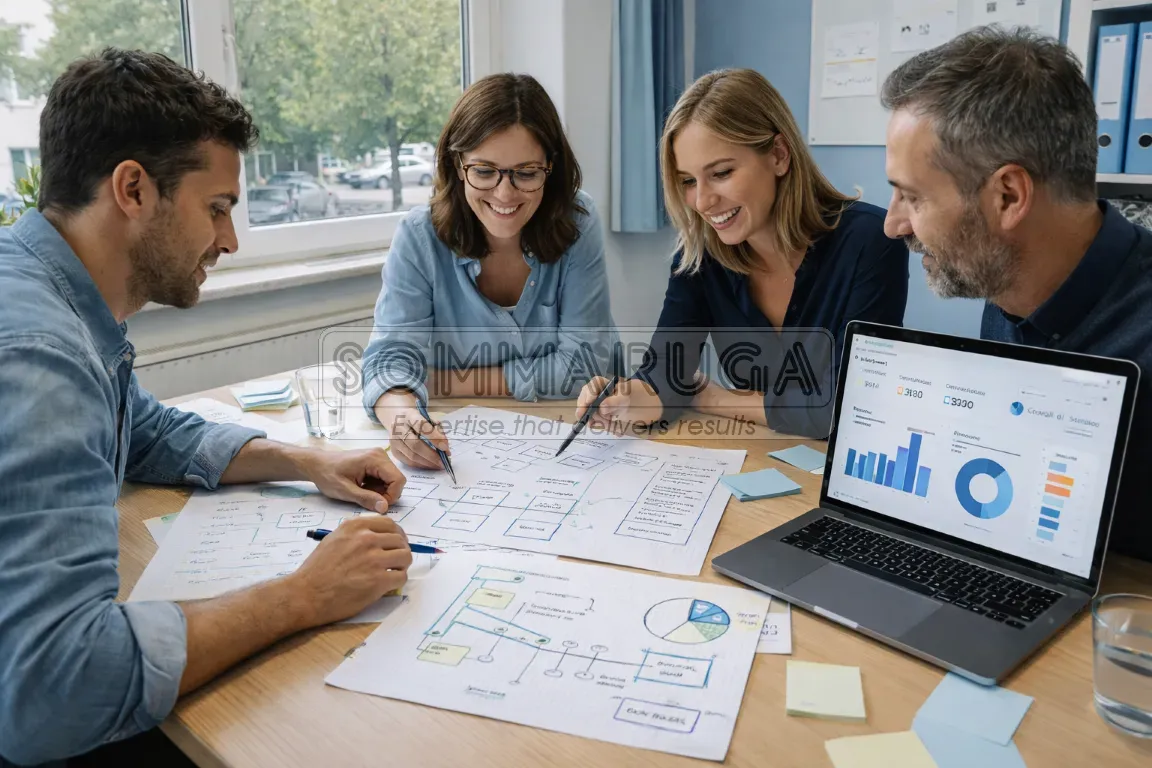 Professionisti ICT in una PMI lavorano su laptop discutendo cybersecurity, cloud e intelligenza artificiale in un ambiente di lavoro reale e informale