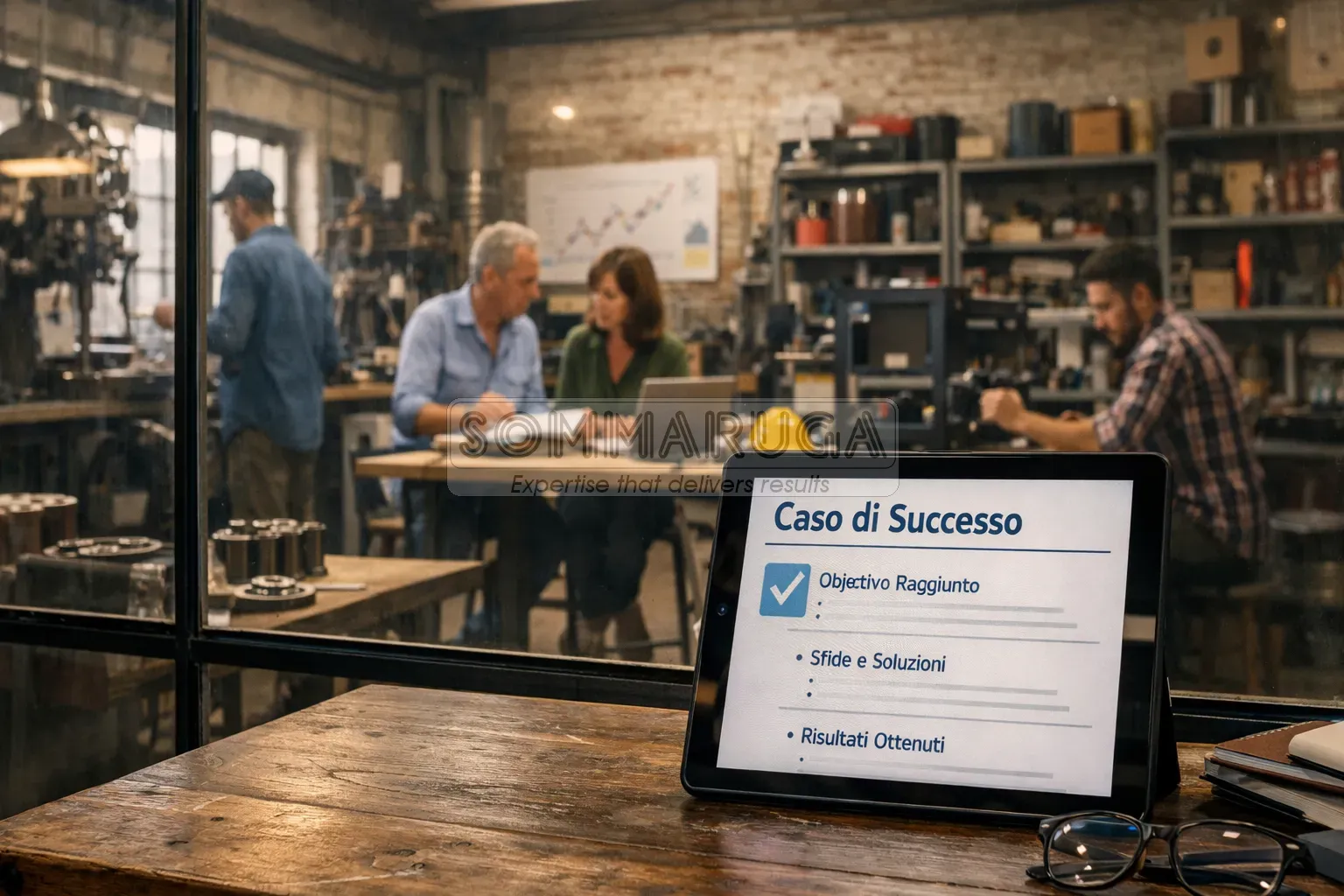 Tablet con case study davanti a un ambiente aziendale reale e produttivo.