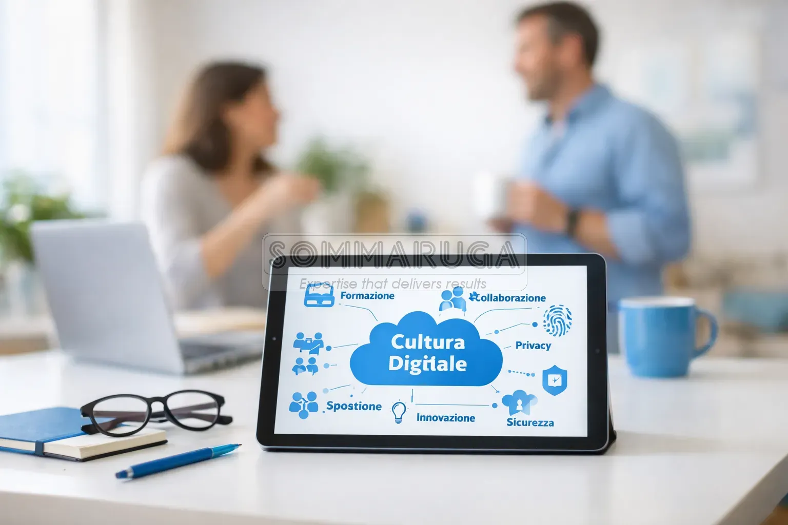 Ambiente di lavoro collaborativo con tablet e mappa concettuale digitale su un tavolo.