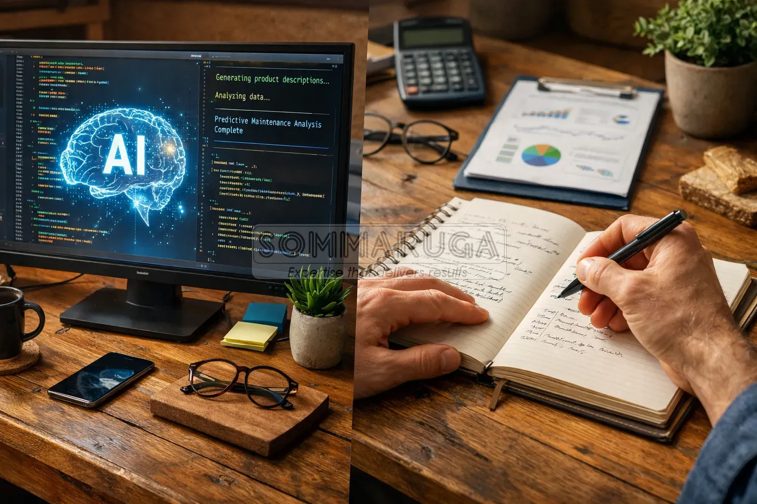 Schermo con codice AI e appunti manuali per l'integrazione dell'intelligenza artificiale.