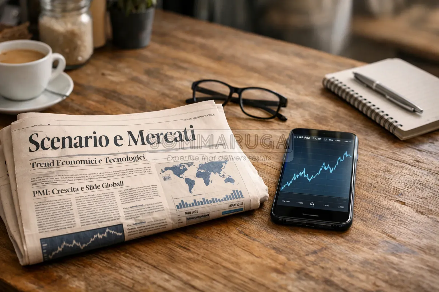 Giornale economico e smartphone con grafici di mercato su un tavolo in legno.