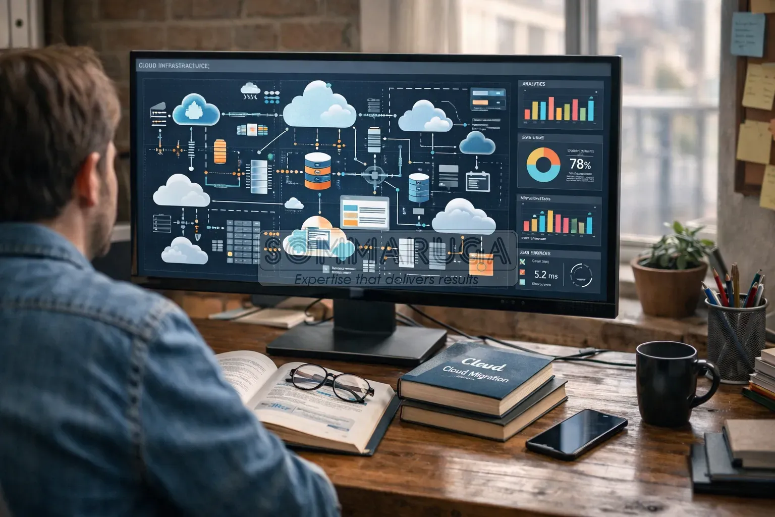 Monitor con dashboard cloud e monitoraggio servizi SaaS in un ufficio tecnico.