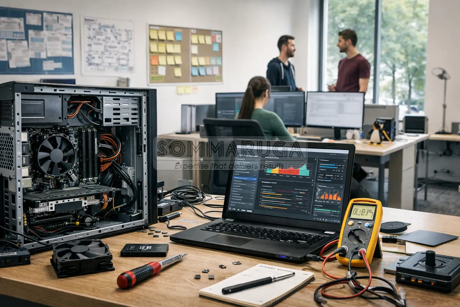 Banco da lavoro tecnico con PC smontato e strumenti di test hardware in una azienda ICT.