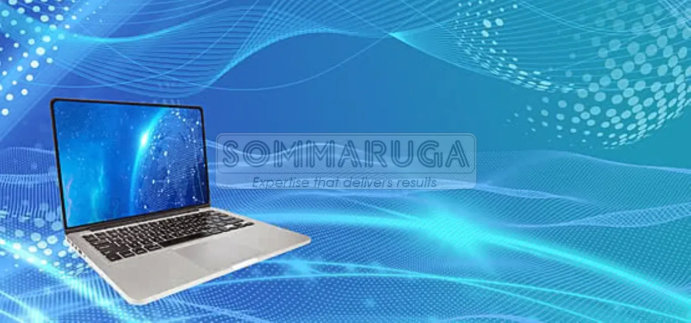 Illustrazione minimal in stile corporate che rappresenta la cessazione del servizio di supporto tecnico con laptop su sfondo azzurro